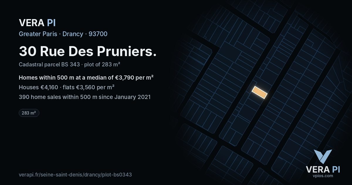 30 Rue Des Pruniers, Drancy at night – the plot lit, the parcels around coloured by the prices near them