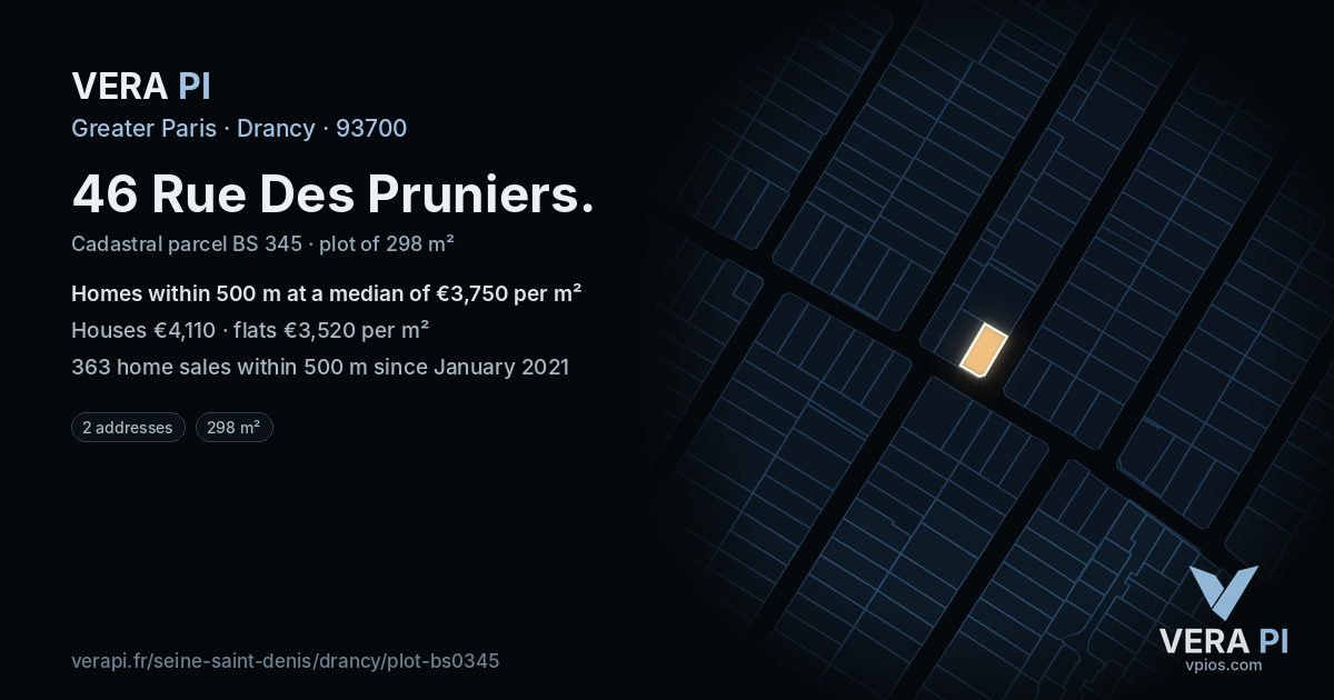 46 Rue Des Pruniers, Drancy at night – the plot lit, the parcels around coloured by the prices near them