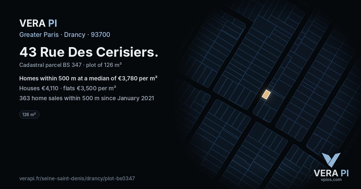 43 Rue Des Cerisiers, Drancy at night – the plot lit, the parcels around coloured by the prices near them