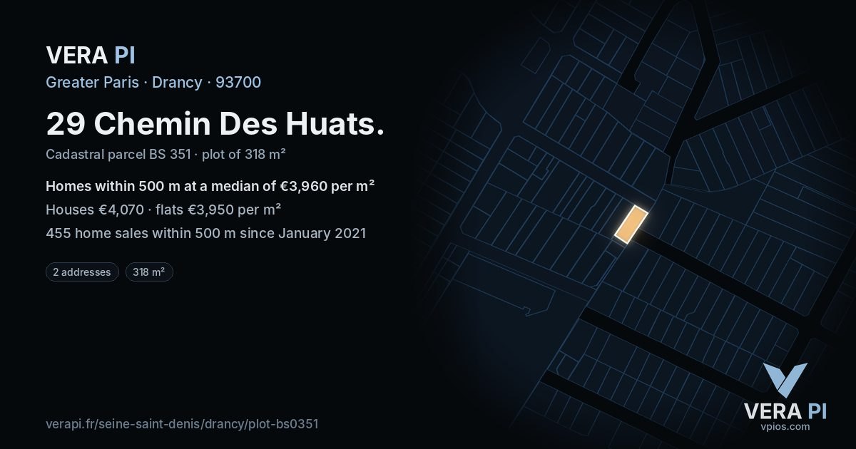 29 Chemin Des Huats, Drancy at night – the plot lit, the parcels around coloured by the prices near them