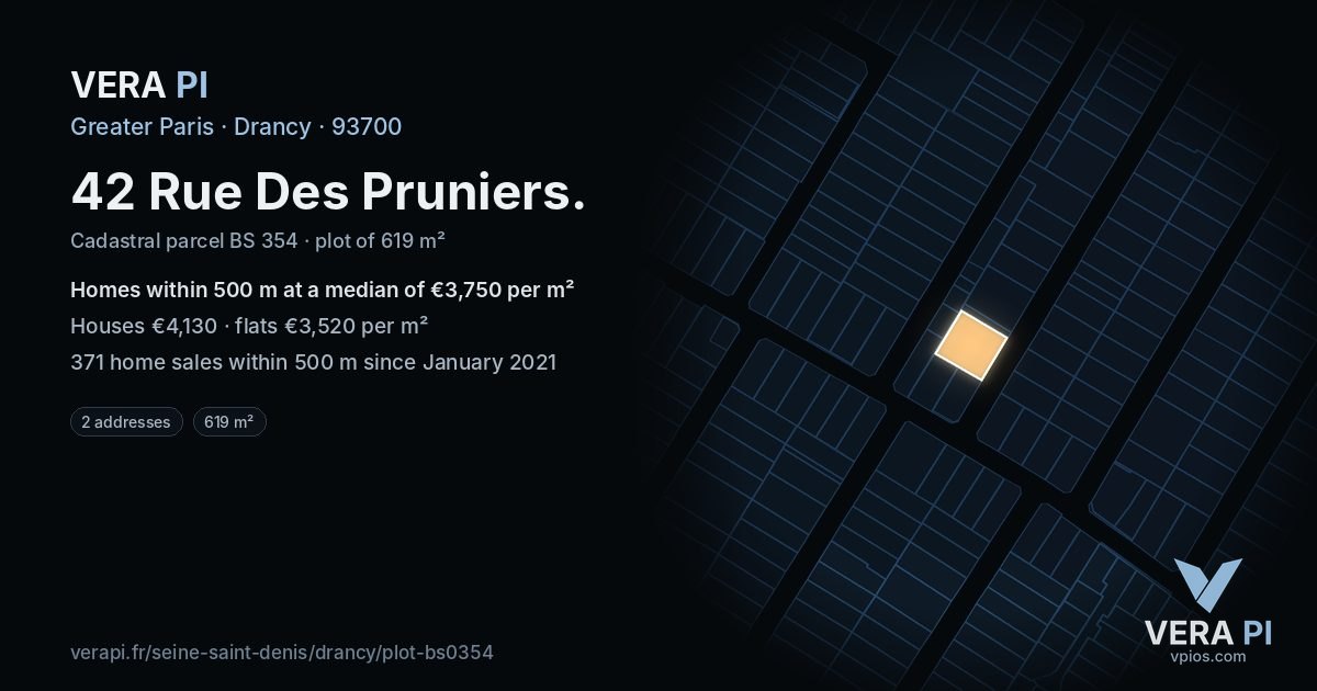 42 Rue Des Pruniers, Drancy at night – the plot lit, the parcels around coloured by the prices near them