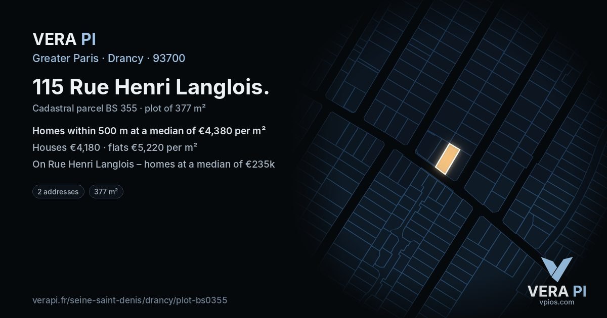 115 Rue Henri Langlois, Drancy at night – the plot lit, the parcels around coloured by the prices near them