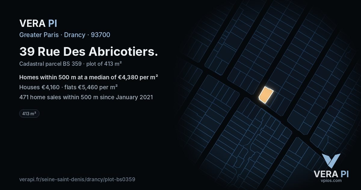 39 Rue Des Abricotiers, Drancy at night – the plot lit, the parcels around coloured by the prices near them