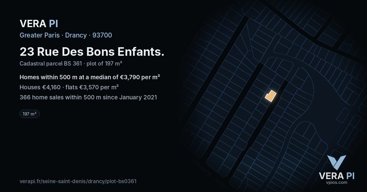 23 Rue Des Bons Enfants, Drancy at night – the plot lit, the parcels around coloured by the prices near them