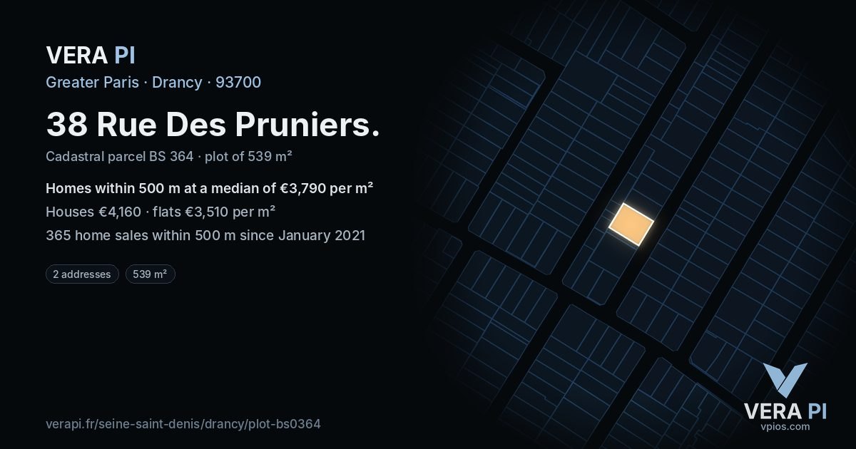 38 Rue Des Pruniers, Drancy at night – the plot lit, the parcels around coloured by the prices near them