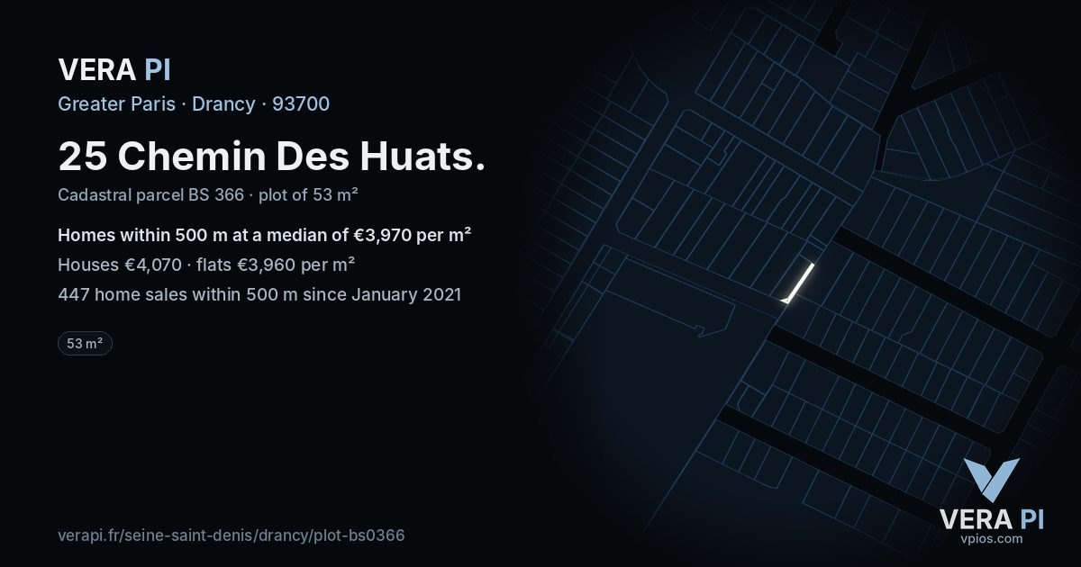 25 Chemin Des Huats, Drancy at night – the plot lit, the parcels around coloured by the prices near them