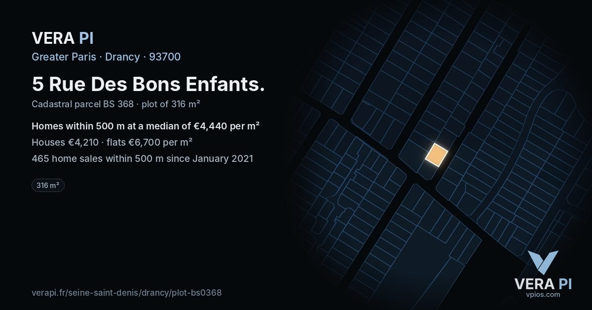 5 Rue Des Bons Enfants, Drancy at night – the plot lit, the parcels around coloured by the prices near them