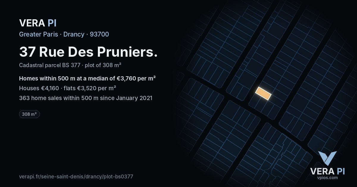 37 Rue Des Pruniers, Drancy at night – the plot lit, the parcels around coloured by the prices near them