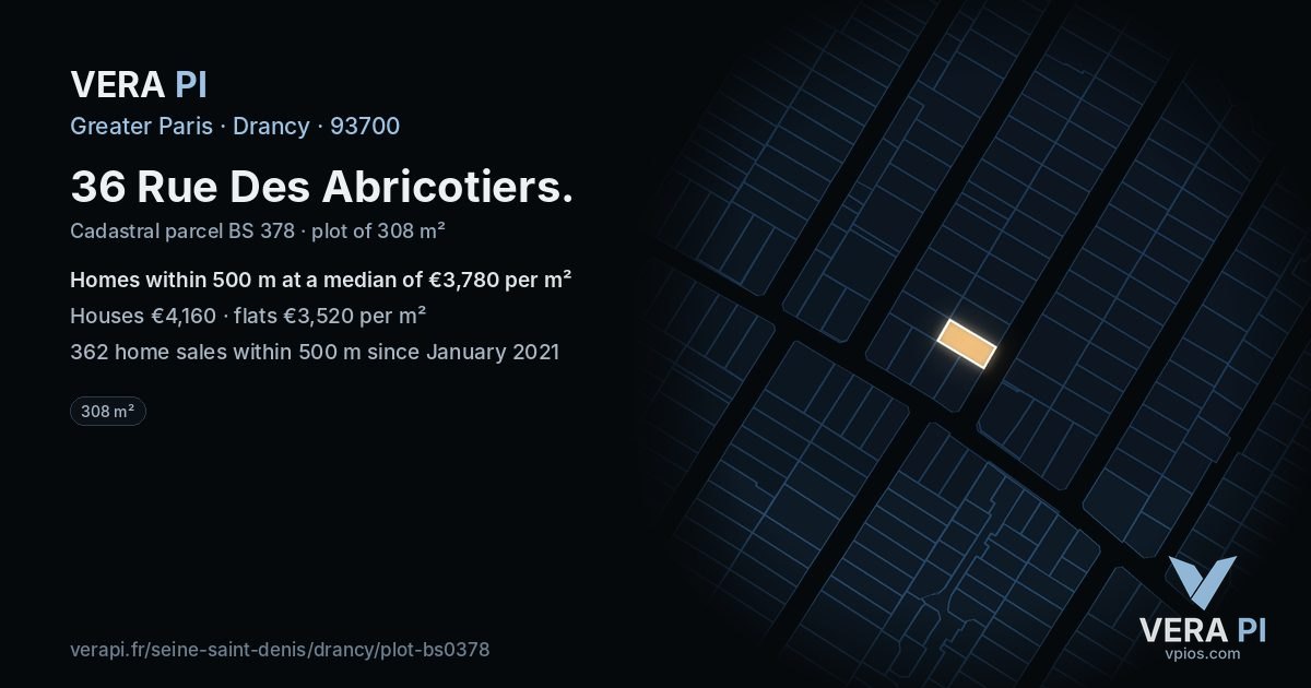 36 Rue Des Abricotiers, Drancy at night – the plot lit, the parcels around coloured by the prices near them