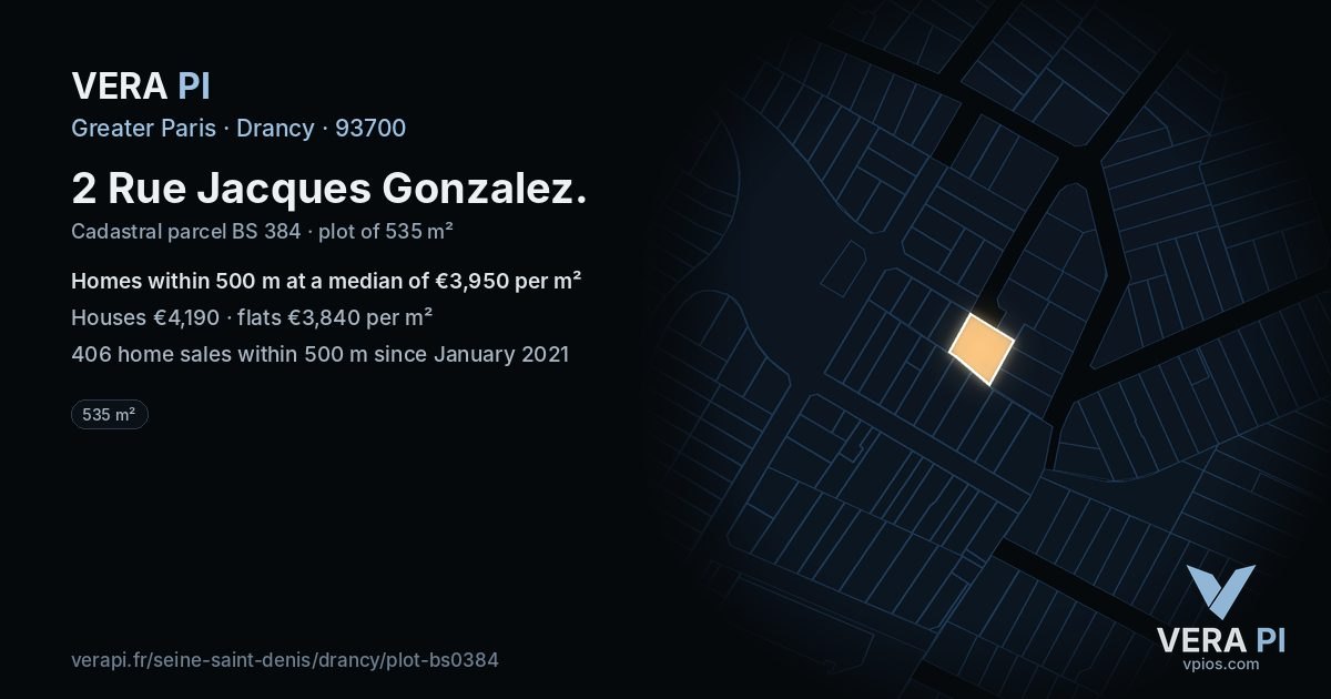 2 Rue Jacques Gonzalez, Drancy at night – the plot lit, the parcels around coloured by the prices near them