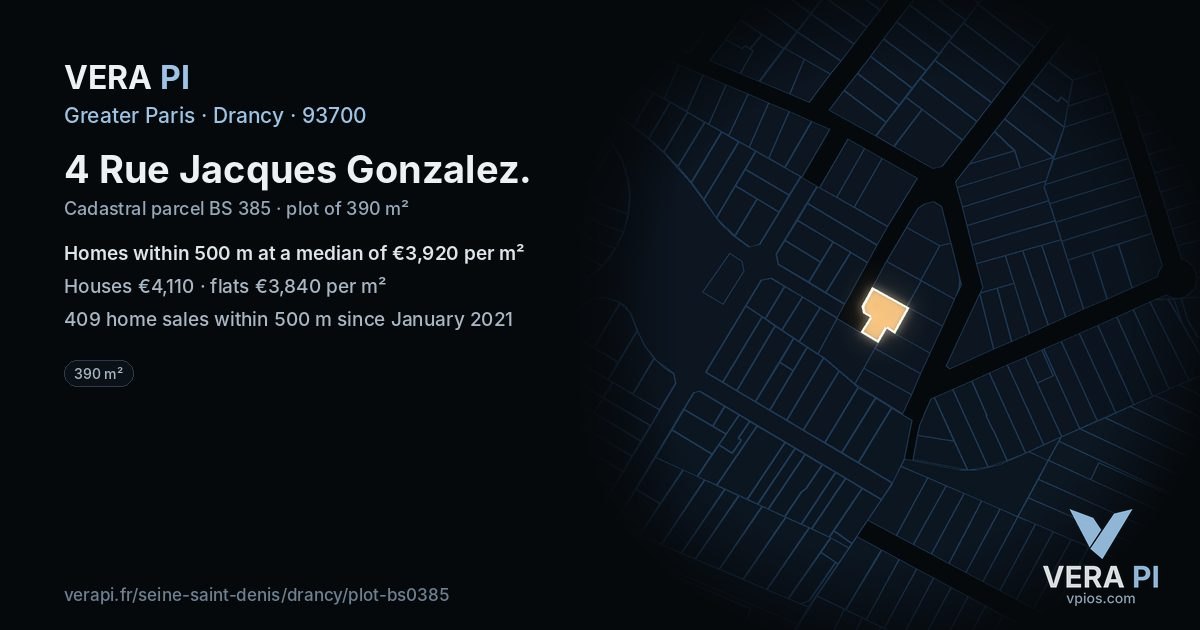 4 Rue Jacques Gonzalez, Drancy at night – the plot lit, the parcels around coloured by the prices near them