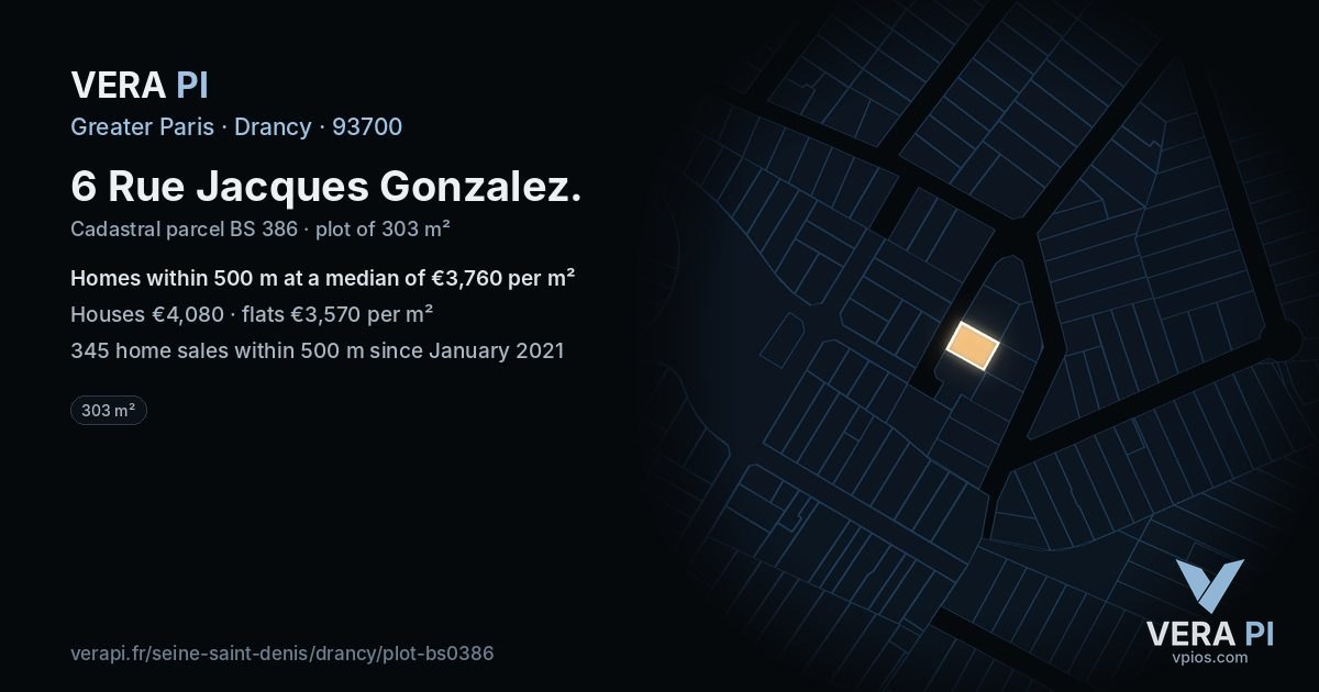 6 Rue Jacques Gonzalez, Drancy at night – the plot lit, the parcels around coloured by the prices near them