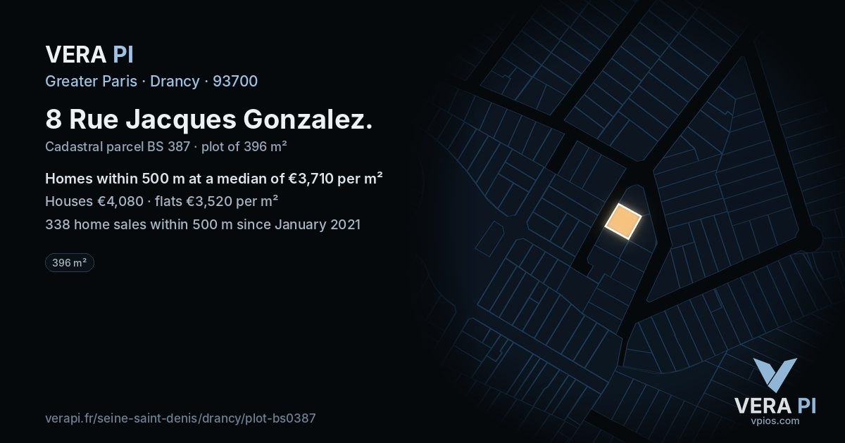 8 Rue Jacques Gonzalez, Drancy at night – the plot lit, the parcels around coloured by the prices near them