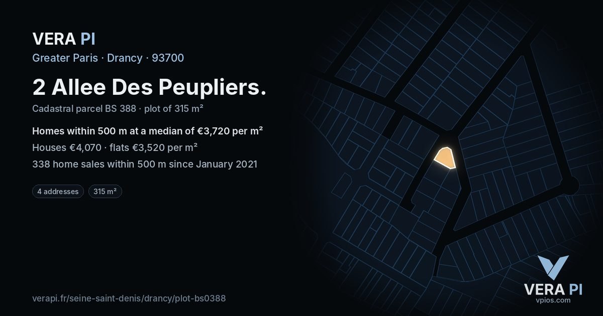 2 Allee Des Peupliers, Drancy at night – the plot lit, the parcels around coloured by the prices near them