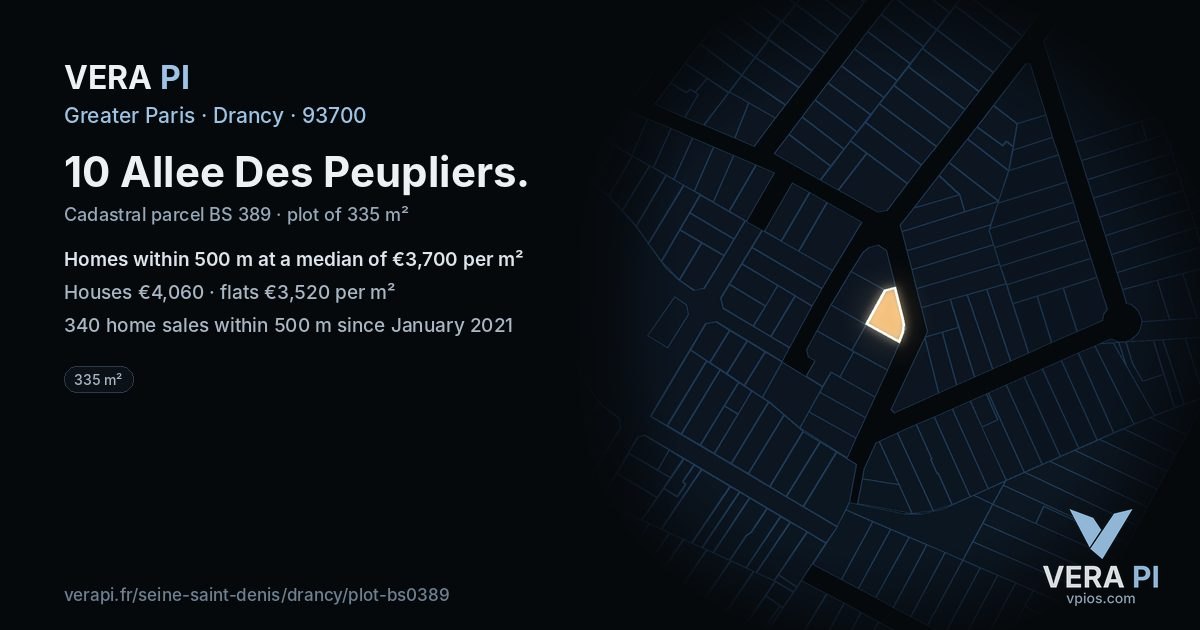 10 Allee Des Peupliers, Drancy at night – the plot lit, the parcels around coloured by the prices near them