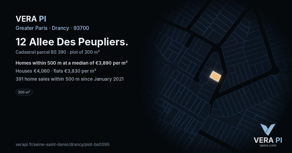 12 Allee Des Peupliers, Drancy at night – the plot lit, the parcels around coloured by the prices near them