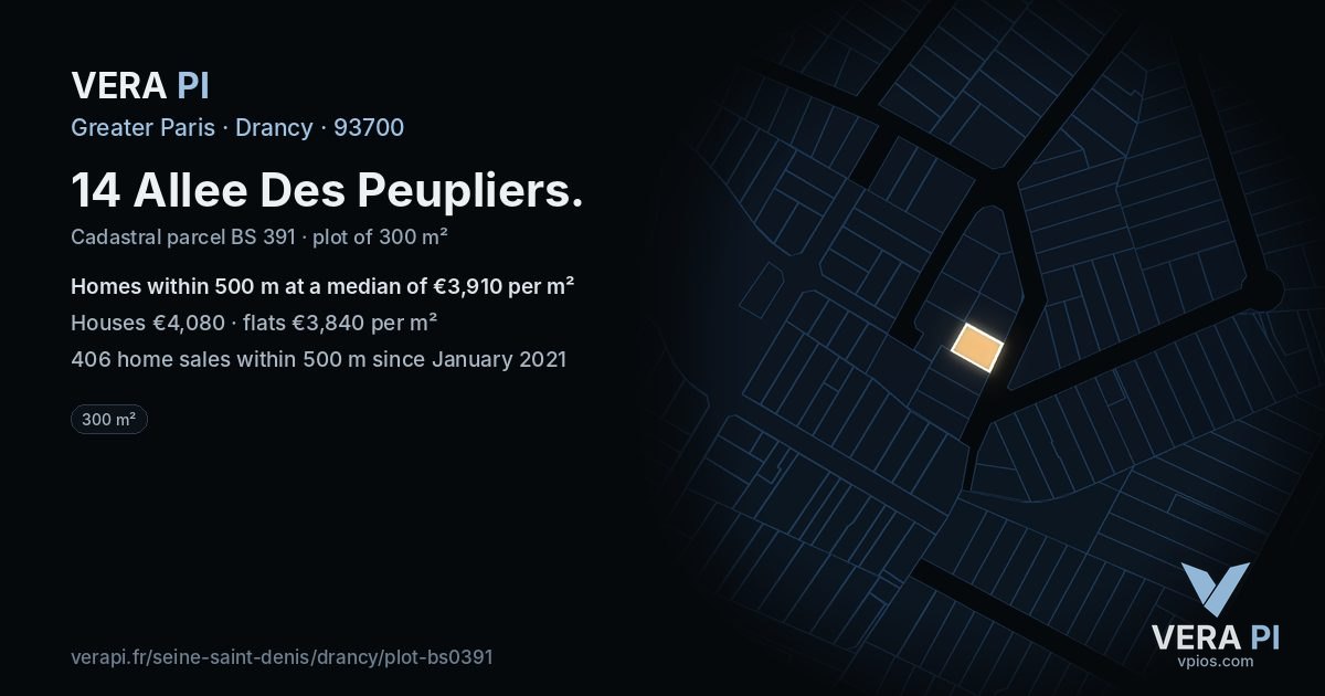 14 Allee Des Peupliers, Drancy at night – the plot lit, the parcels around coloured by the prices near them