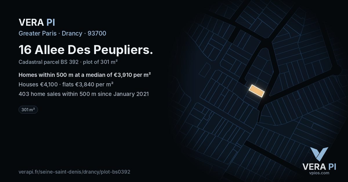 16 Allee Des Peupliers, Drancy at night – the plot lit, the parcels around coloured by the prices near them