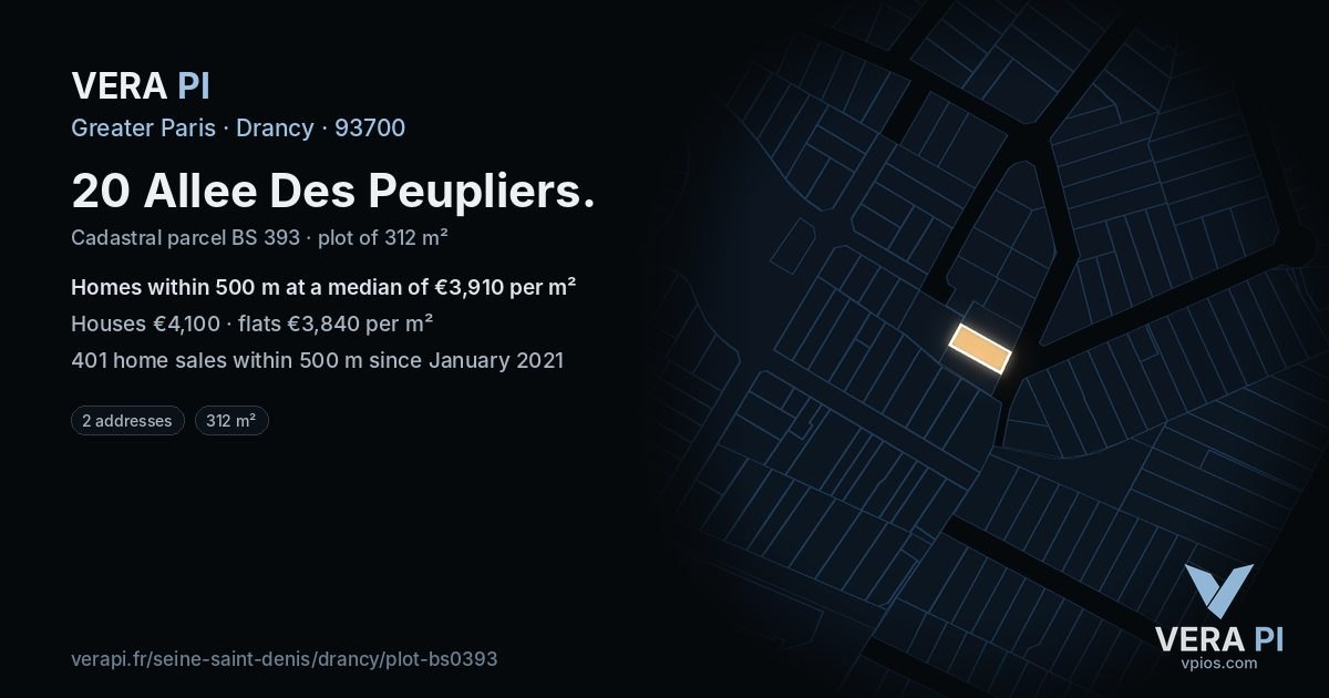 20 Allee Des Peupliers, Drancy at night – the plot lit, the parcels around coloured by the prices near them