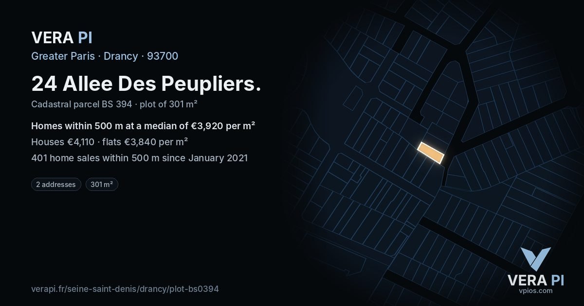 24 Allee Des Peupliers, Drancy at night – the plot lit, the parcels around coloured by the prices near them