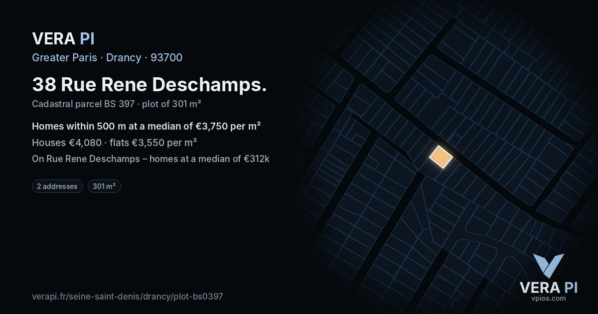 38 Rue Rene Deschamps, Drancy at night – the plot lit, the parcels around coloured by the prices near them