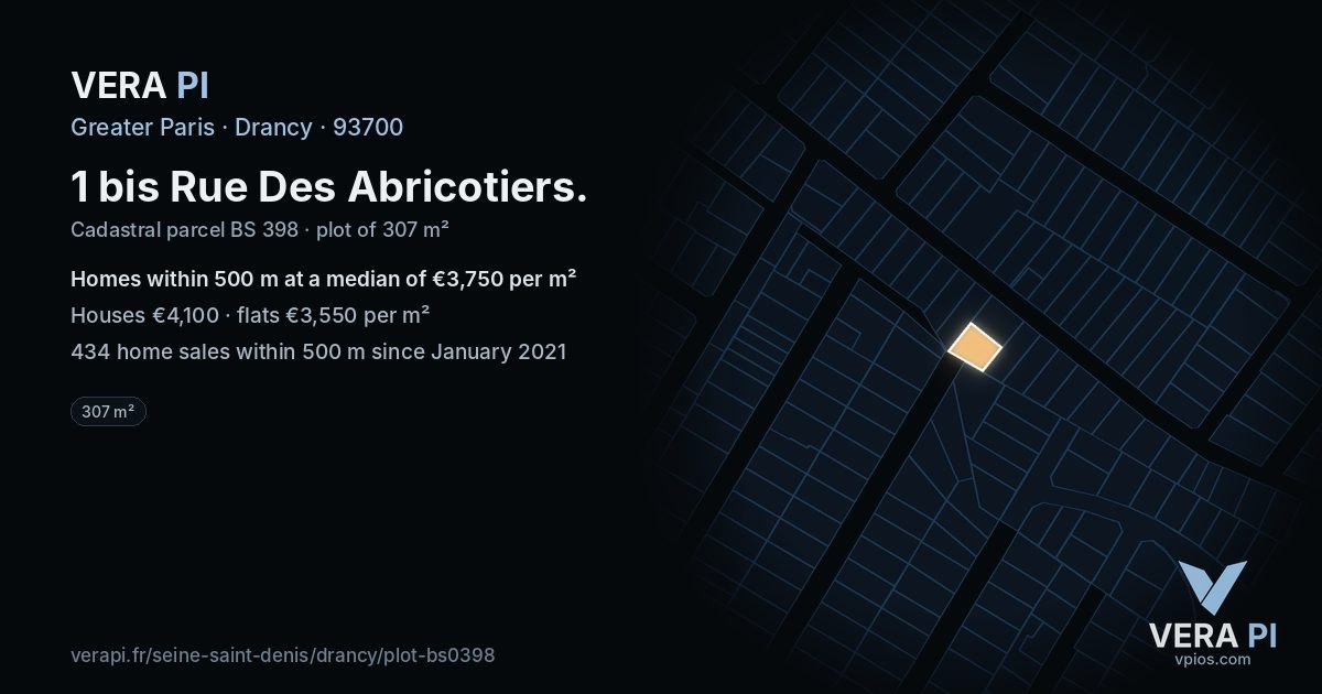1 bis Rue Des Abricotiers, Drancy at night – the plot lit, the parcels around coloured by the prices near them