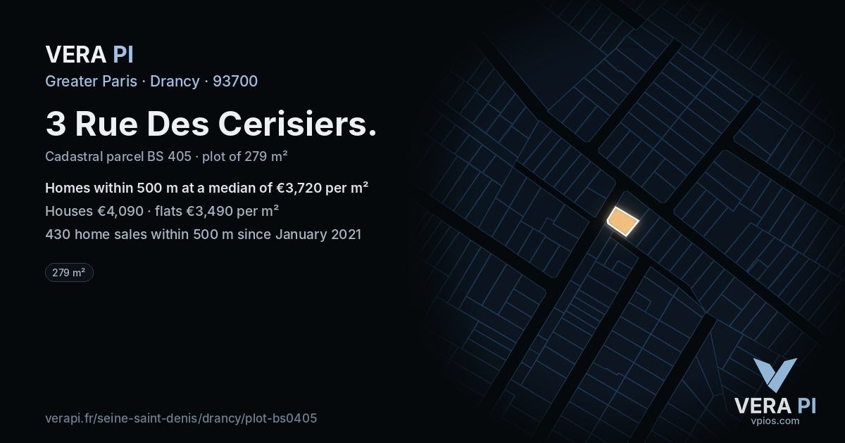 3 Rue Des Cerisiers, Drancy at night – the plot lit, the parcels around coloured by the prices near them