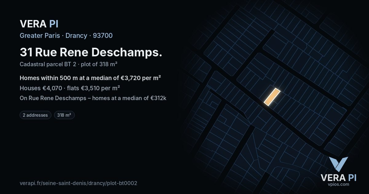 31 Rue Rene Deschamps, Drancy at night – the plot lit, the parcels around coloured by the prices near them