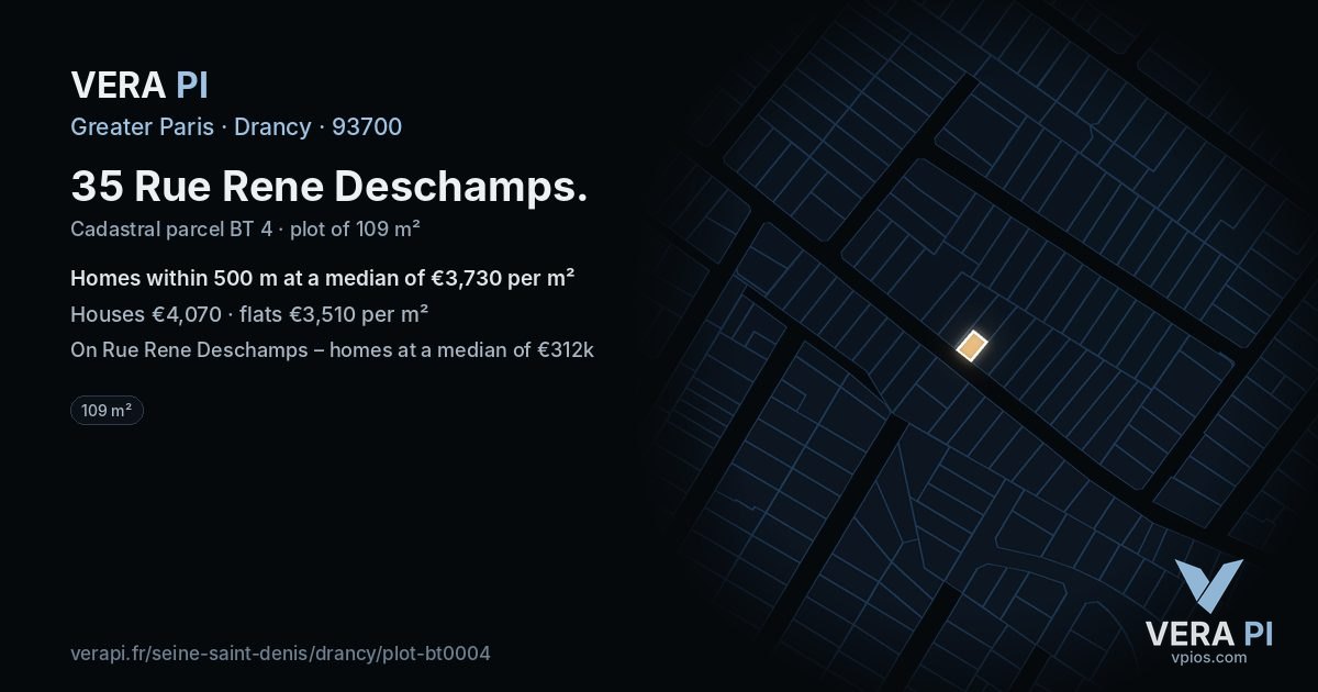 35 Rue Rene Deschamps, Drancy at night – the plot lit, the parcels around coloured by the prices near them