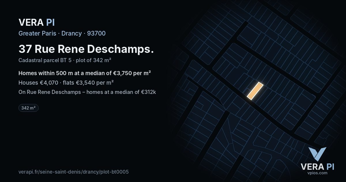 37 Rue Rene Deschamps, Drancy at night – the plot lit, the parcels around coloured by the prices near them