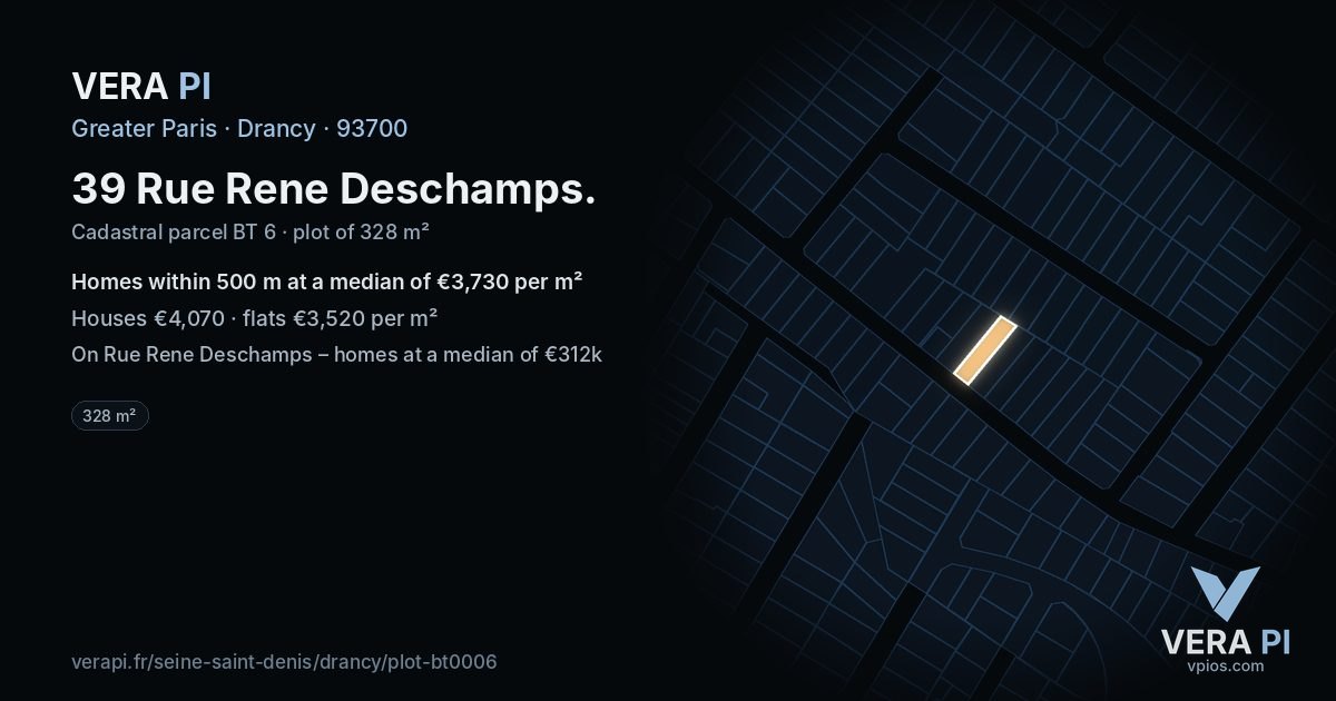 39 Rue Rene Deschamps, Drancy at night – the plot lit, the parcels around coloured by the prices near them
