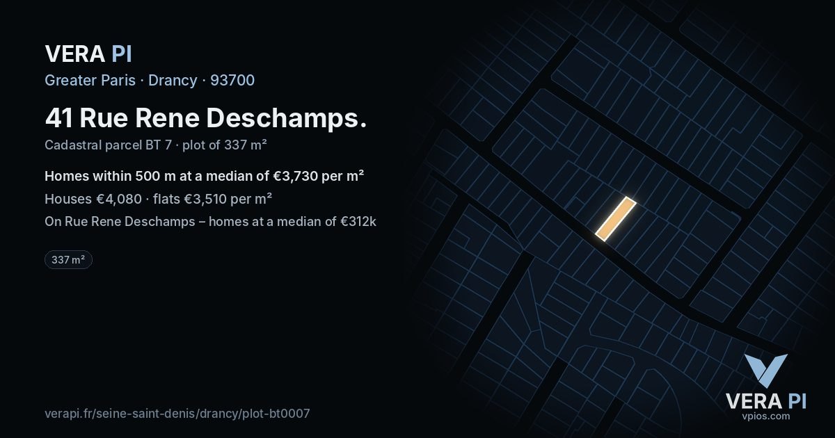 41 Rue Rene Deschamps, Drancy at night – the plot lit, the parcels around coloured by the prices near them