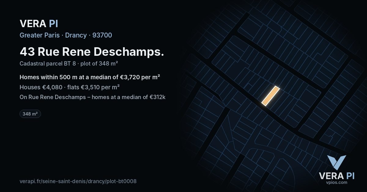 43 Rue Rene Deschamps, Drancy at night – the plot lit, the parcels around coloured by the prices near them