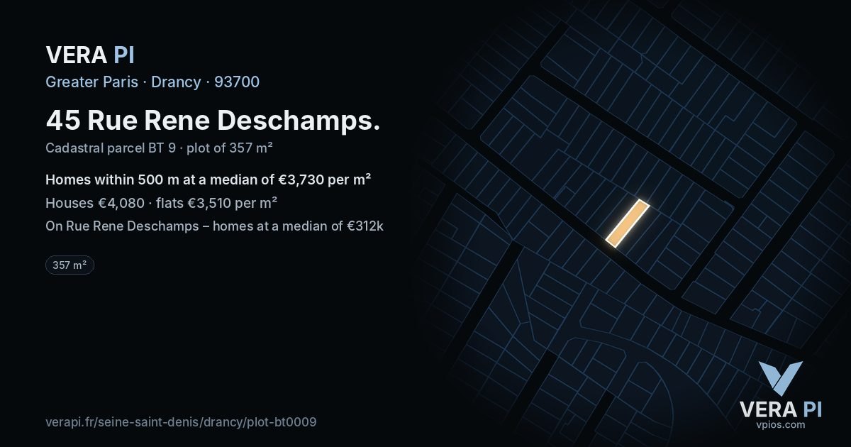 45 Rue Rene Deschamps, Drancy at night – the plot lit, the parcels around coloured by the prices near them