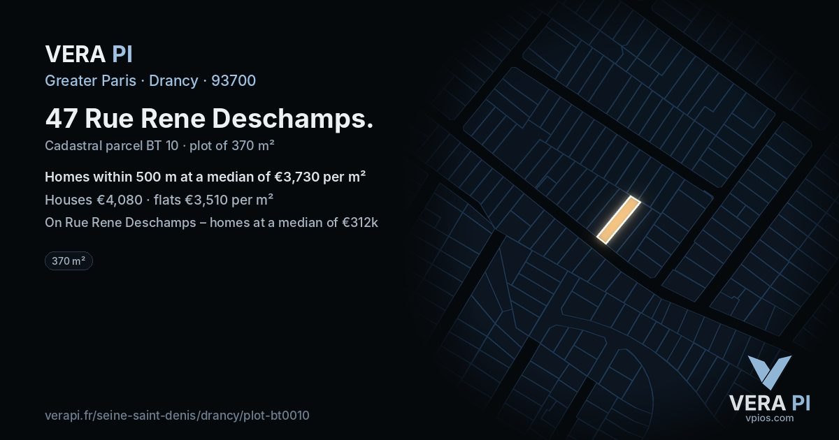 47 Rue Rene Deschamps, Drancy at night – the plot lit, the parcels around coloured by the prices near them