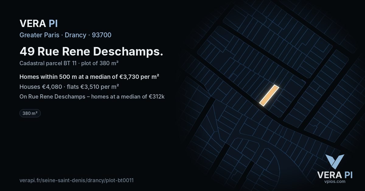 49 Rue Rene Deschamps, Drancy at night – the plot lit, the parcels around coloured by the prices near them