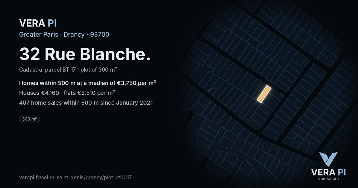 32 Rue Blanche, Drancy at night – the plot lit, the parcels around coloured by the prices near them