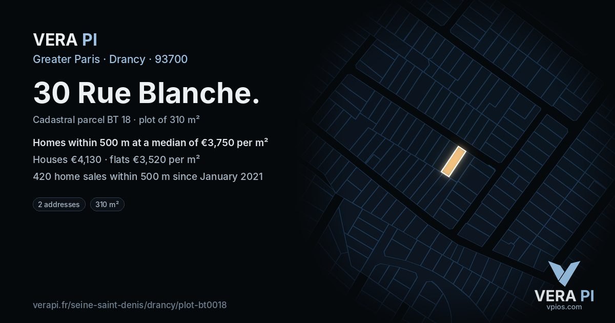 30 Rue Blanche, Drancy at night – the plot lit, the parcels around coloured by the prices near them