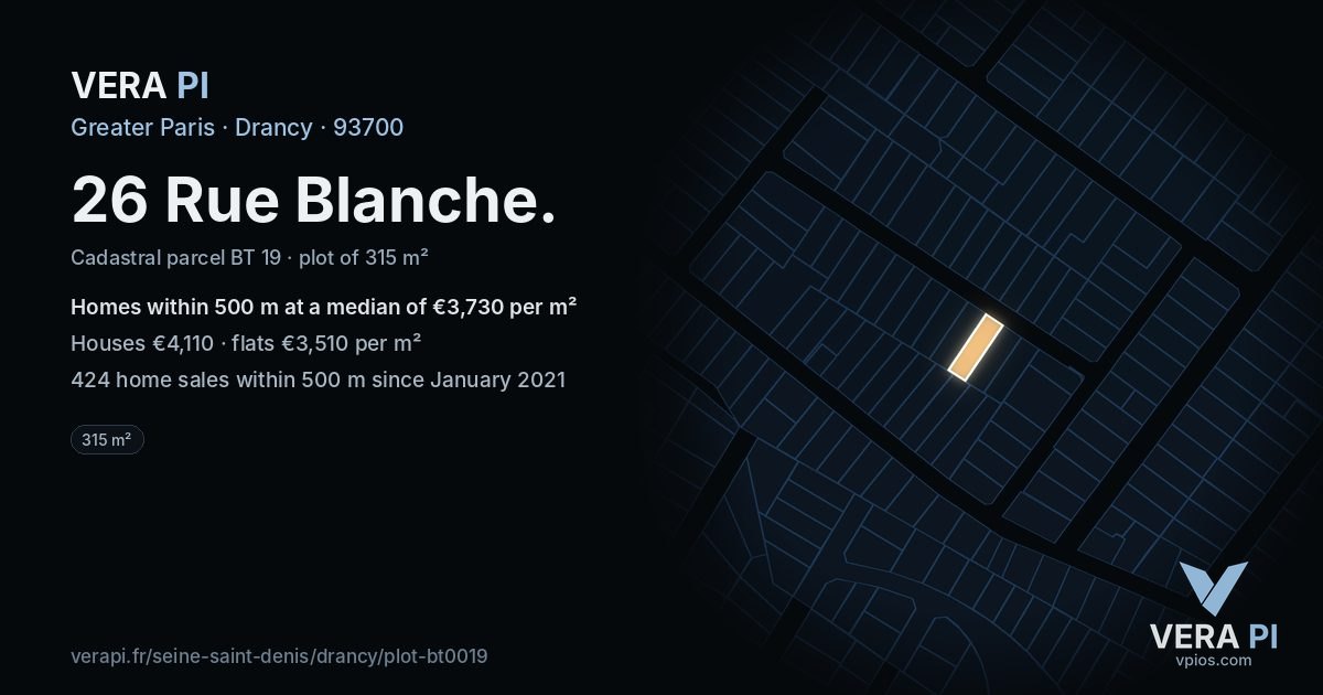 26 Rue Blanche, Drancy at night – the plot lit, the parcels around coloured by the prices near them