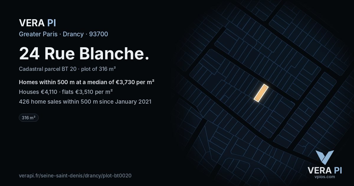 24 Rue Blanche, Drancy at night – the plot lit, the parcels around coloured by the prices near them