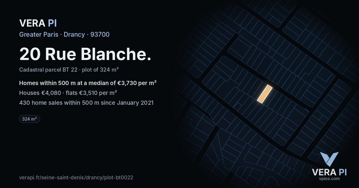 20 Rue Blanche, Drancy at night – the plot lit, the parcels around coloured by the prices near them
