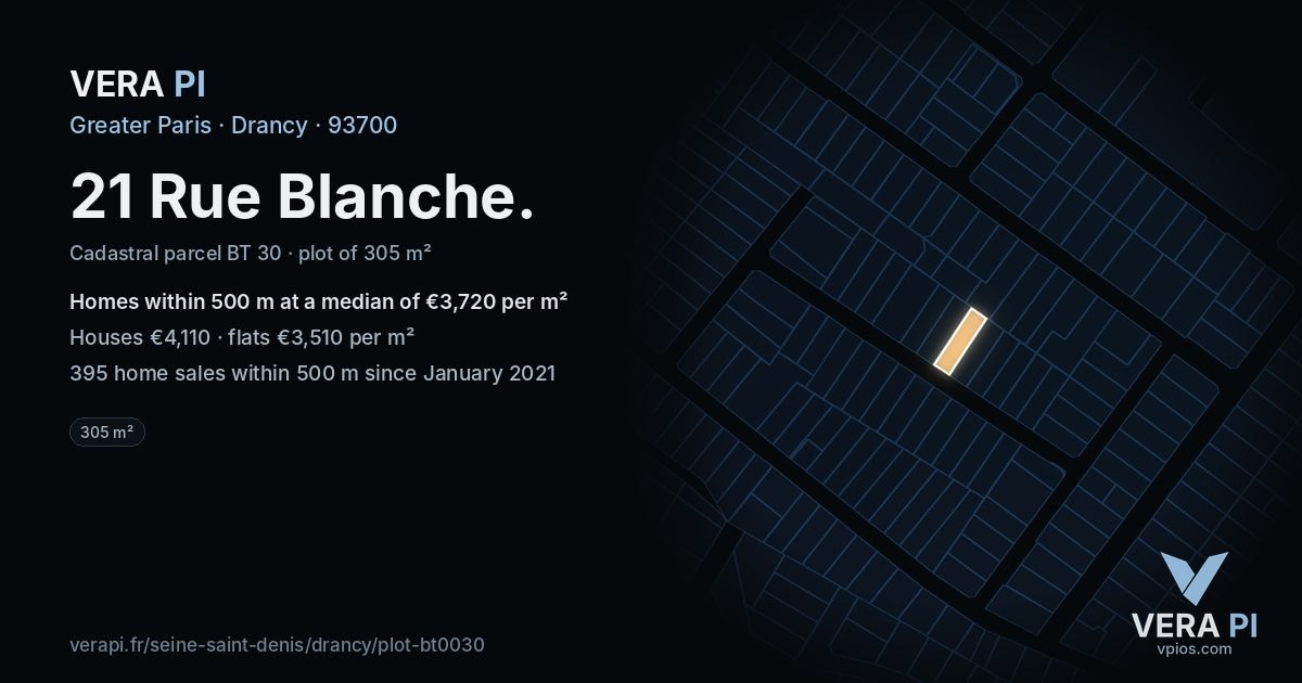 21 Rue Blanche, Drancy at night – the plot lit, the parcels around coloured by the prices near them