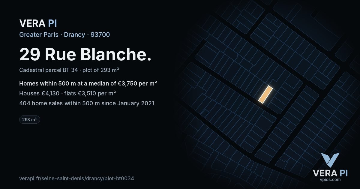 29 Rue Blanche, Drancy at night – the plot lit, the parcels around coloured by the prices near them