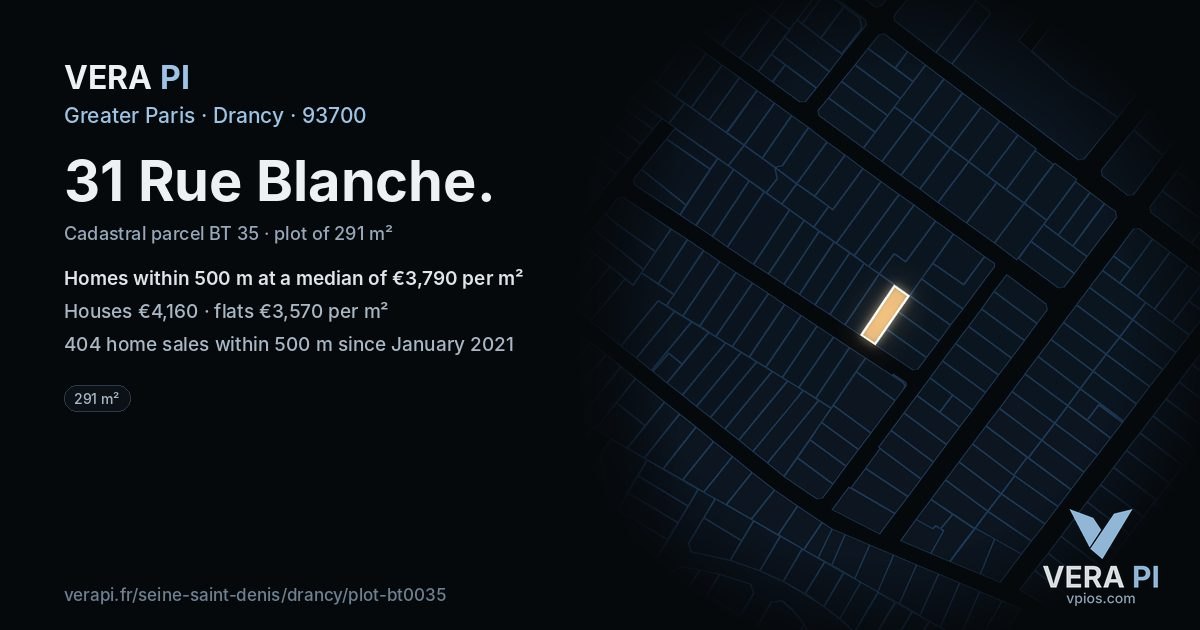 31 Rue Blanche, Drancy at night – the plot lit, the parcels around coloured by the prices near them