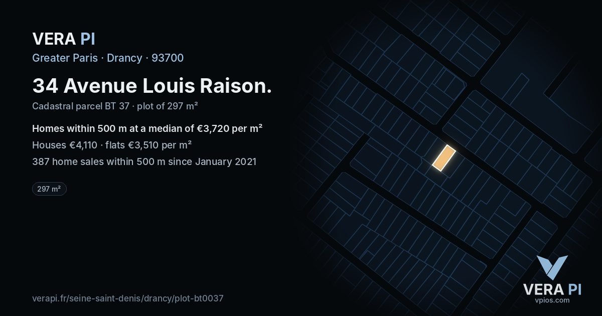 34 Avenue Louis Raison, Drancy at night – the plot lit, the parcels around coloured by the prices near them