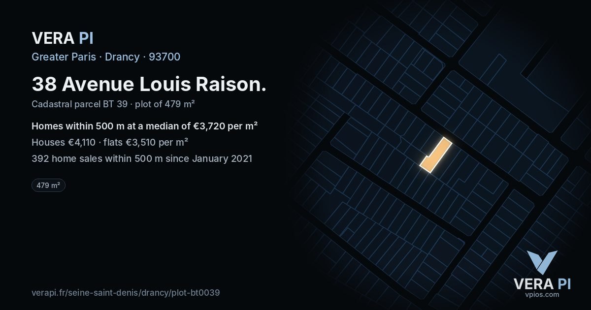 38 Avenue Louis Raison, Drancy at night – the plot lit, the parcels around coloured by the prices near them
