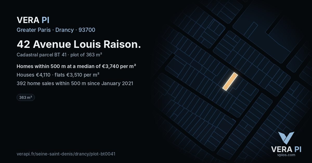 42 Avenue Louis Raison, Drancy at night – the plot lit, the parcels around coloured by the prices near them