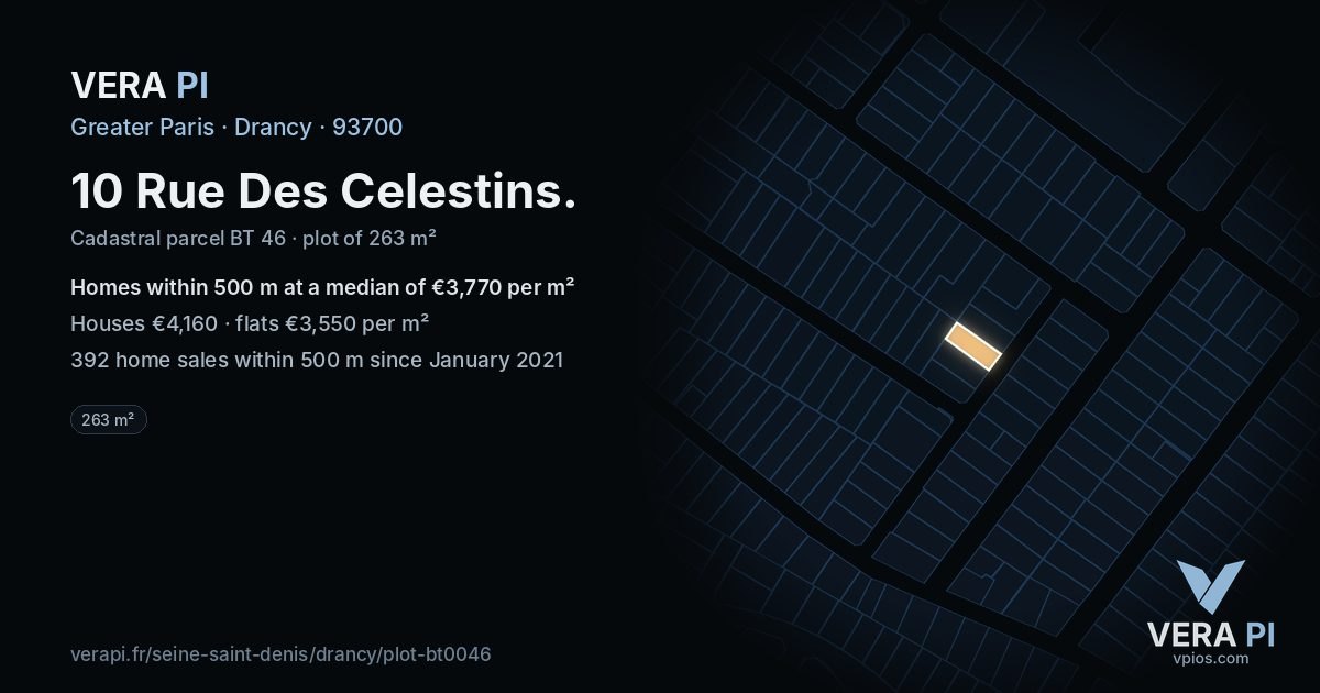 10 Rue Des Celestins, Drancy at night – the plot lit, the parcels around coloured by the prices near them