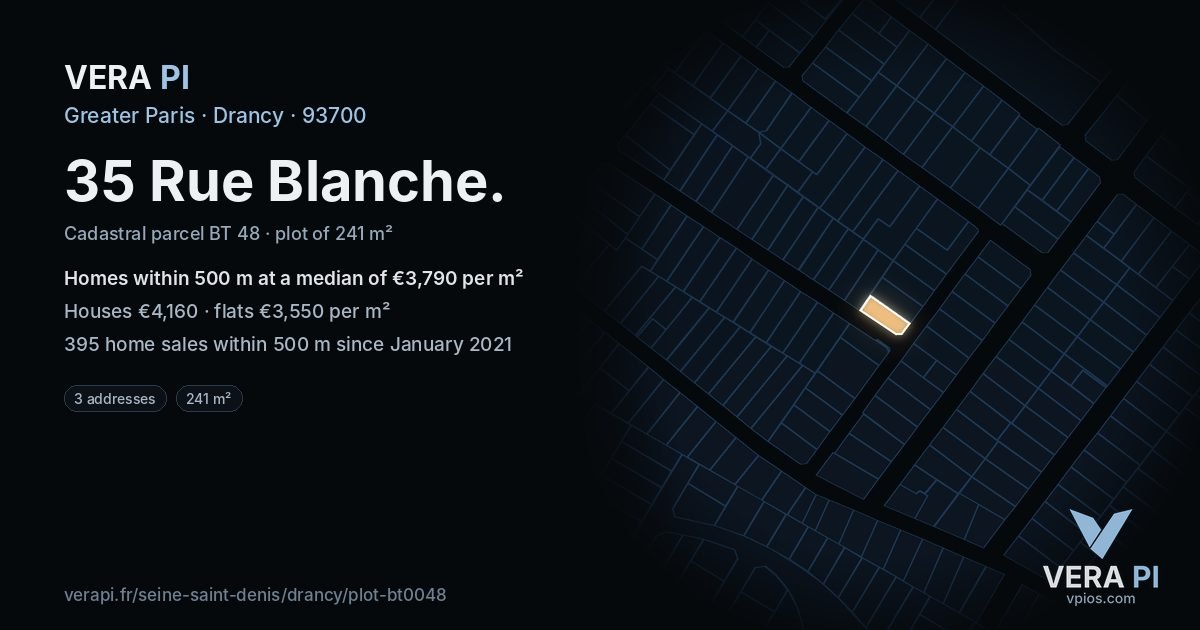 35 Rue Blanche, Drancy at night – the plot lit, the parcels around coloured by the prices near them