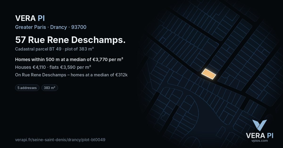 57 Rue Rene Deschamps, Drancy at night – the plot lit, the parcels around coloured by the prices near them